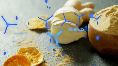 Ginger root and powder bowl resting on slab, onset turbine overlay pulsing, Stock Footage 331736518