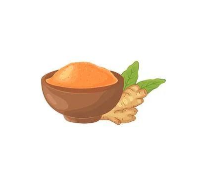 Ginger root with green leaves, and dry ginger powder in a wooden bowl. Ayur.. Stock Illustration