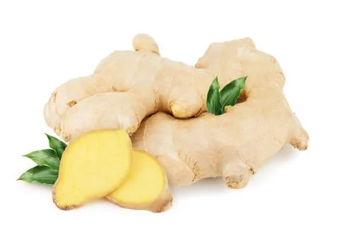 Ginger root with leaves isolated on white background Stock Photos