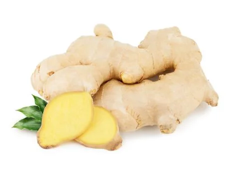 Ginger root with leaves isolated on white background Stock Photos