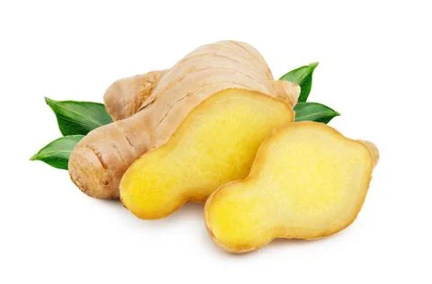 Ginger root with leaves isolated on white background Stock Photos