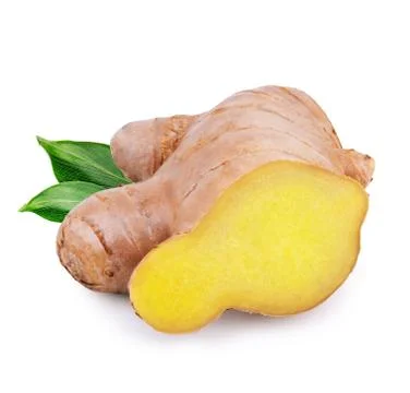 Ginger root with leaves isolated on white background Stock Photos