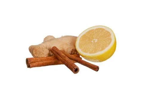 Ginger root, lemon cut and cinnamon isolated on white background Stock-Fotos