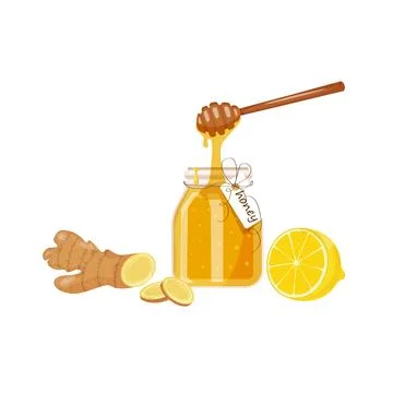 Ginger root, lemon wedge, glass jar of honey. Illustration, cartoon flat icon Stock Illustration