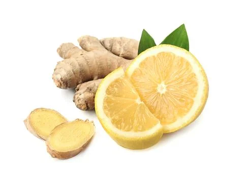 Ginger root with lemon on white backgrounds, Stock Photos