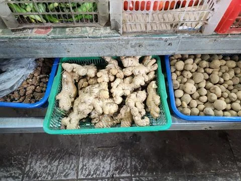 Ginger root pile in plastic basket for fresh market retail. Stock Photos