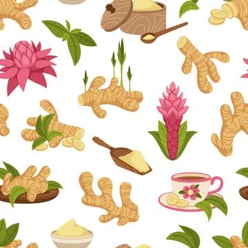 Ginger root seamless pattern. Repeated healthy spicy product, leaves, flowers Stock Illustration