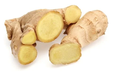Ginger root with slices isolated on white Stock Photos
