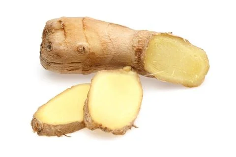 Ginger root with slices isolated on white Stock Photos