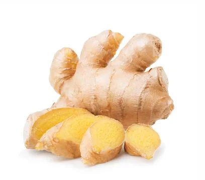 Ginger root with slices isolated on white Foto stock