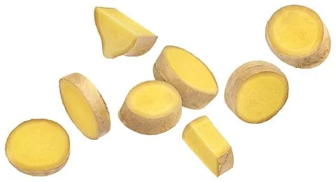 Ginger root slices isolated on white background Stock Photos