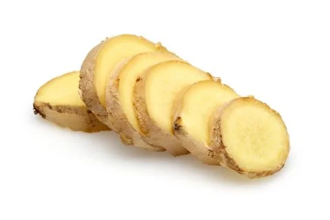 Ginger root slices on white background Stock Photos