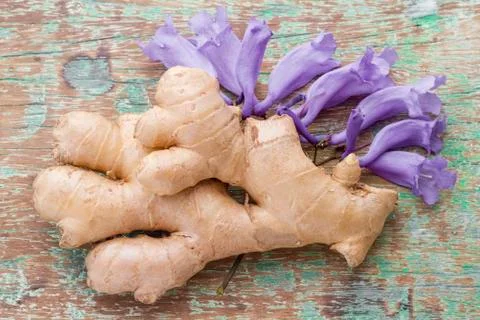 Ginger root on the table, closeup view Foto stock