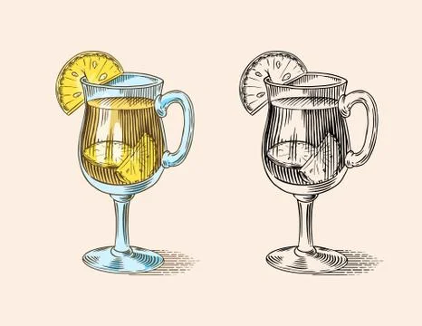 Ginger root tea in a glass, Chopped rhizome, Fresh plant. Vector Engraved hand Stock Illustration