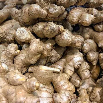 Ginger roots in large numbers, close-ups. Stock Photos