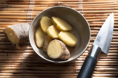 Ginger roots, sliced Stock Photos
