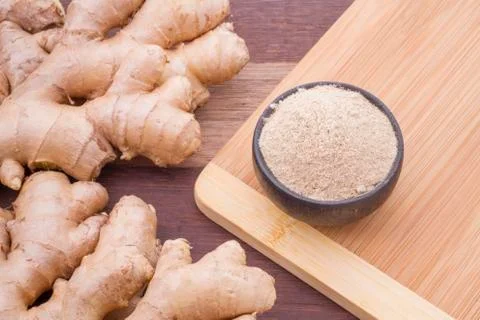 Ginger roots on the table, top view Stock Photos