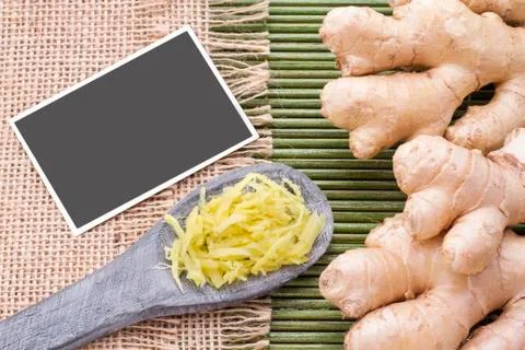 Ginger roots on the table, top view Stock Photos