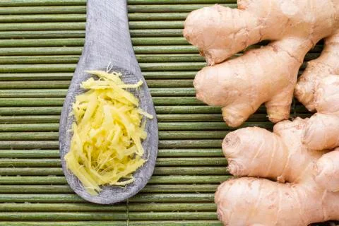 Ginger roots on the table, top view Stock Photos