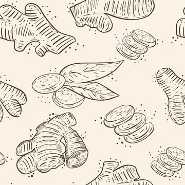 Ginger seamless pattern, vector. Spice ginger root whole and piece. Stock Illustration