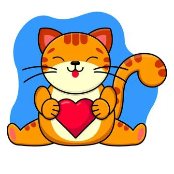 A ginger smiling cat holds a red heart in its paws. Childrens print. Vector Stock Illustration