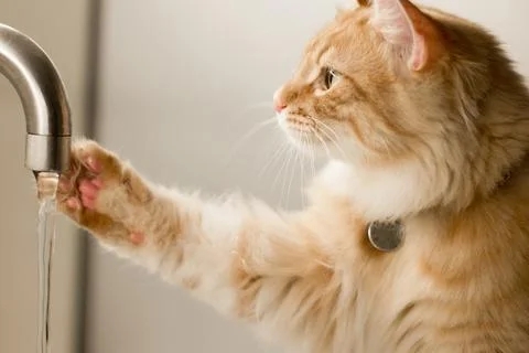 A ginger tabby cat playfully taps the water stream from a faucet Stock Photos