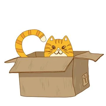 Ginger tabby cat sitting in a box. Tail and head peeking out of the box Stock Illustration