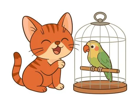 Ginger tabby kitten happily observing a colorful parrot in birdcage. Chibi Flat Stock Illustration
