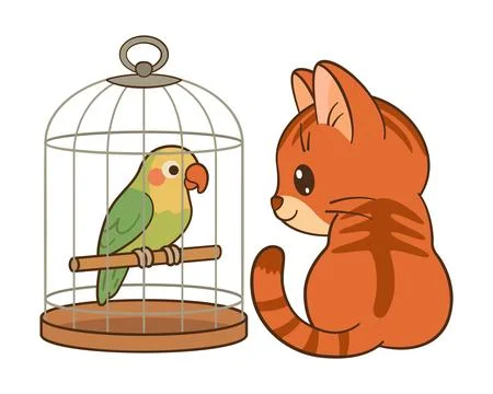 Ginger tabby kitten looking at a parrot in birdcage. Chibi Flat style icon Stock Illustration