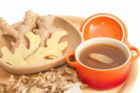 Ginger tea and ginger root ,fresh and dried herb Stock Photos