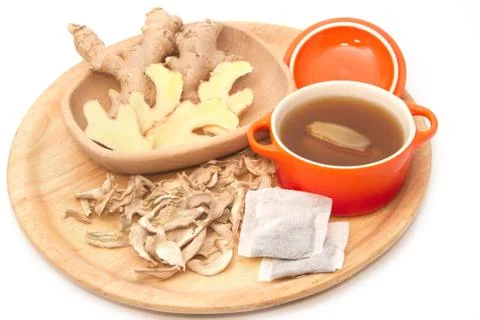 Ginger tea and ginger root ,fresh and dried herb Stock Photos