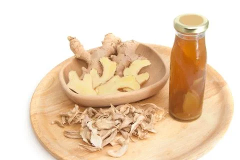 Ginger tea and ginger root ,fresh and dried herb Stock Photos