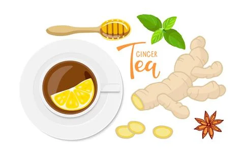 Ginger Tea. Cup of tea with lemon. Ingredients for tasty and healthy hot drink Stock Illustration