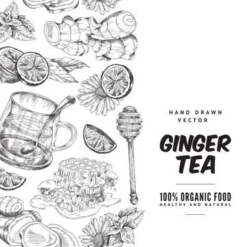 Ginger tea with lemon, honey, mint and chamomile - vector label in sketch style. Ilustración de archivo