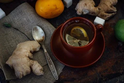 Ginger tea with lemon, lime and sugar. Stock Photos