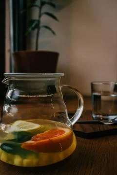 Ginger tea with mint and lemon and grapefruit. Herbal healthy drink in the te Stock Photos
