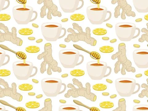 Ginger tea seamless pattern. Hand drawn ginger root, cup of tea, lemon slice Stock Illustration