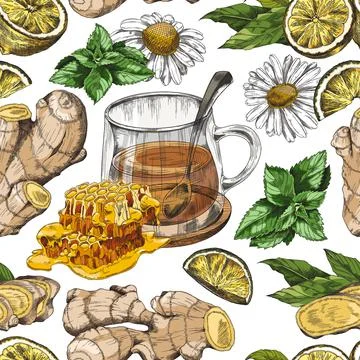 Ginger tea seamless pattern in hand drawn sketch style on white background. Stock Illustration