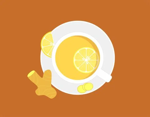 Ginger tea in a white cup and ginger root with lemon Stock Illustration