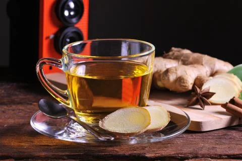 Ginger tea on wood table backdrop Stock Photos
