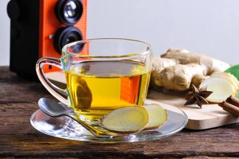 Ginger tea on wood table backdrop Stock Photos
