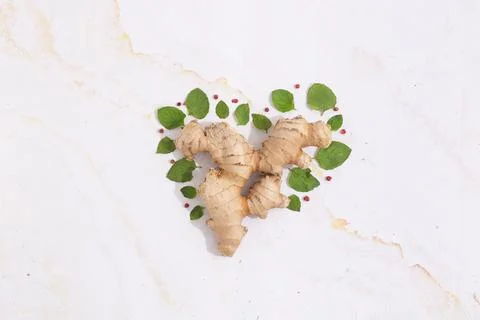 Ginger like a tree with mint leaves around flat lay concept of natural food Stock Photos