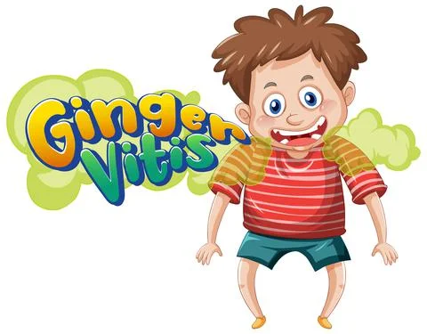 Ginger Vitis logo text design with a boy cartoon character Stock Illustration