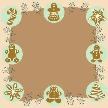 Gingerbread biscuits frame on beige texture background. Space for text Stock Illustration
