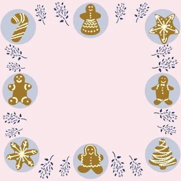 Gingerbread biscuits frame for text on pale pink background Stock Illustration
