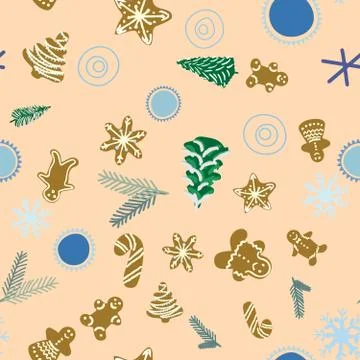 Gingerbread biscuits, pine trees and pine tree twigs seamless pattern on beig Stock Illustration