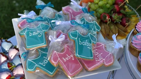Gingerbread at the Candy bar for a gender discovery party. Sweet buffet Stock Footage 242847910