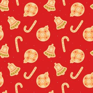 Gingerbread candy cane, bell, bauble. Christmas red seamless pattern. Flat Stock Illustration