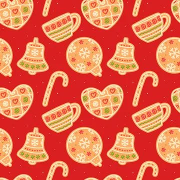 Gingerbread candy cane, bell, bauble, cup, heart. Christmas red seamless pattern Stock Illustration