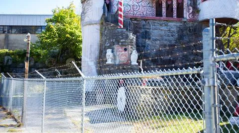 The Gingerbread Castle Through Barbed Wire Fence Stock Photos